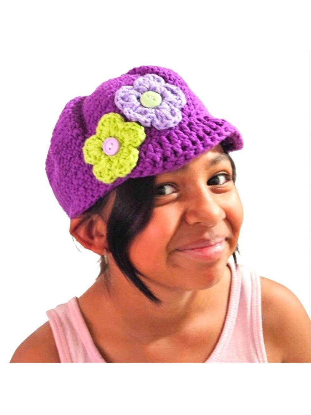 Handmade Boho Crochet Hat Cotton Floral Cap Purple Lavender Summer Werable Art